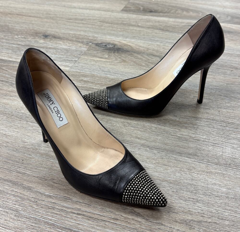 JIMMY CHOO Black Amika Leather Studded Love 85 Pointed Toe Pump Heels Sz. 38